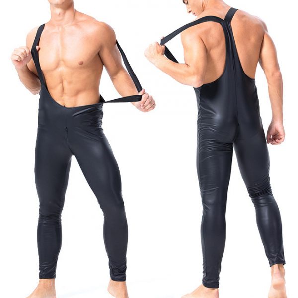 Mankini Bodysuits Overalls Leather Zipper Jumpsuit